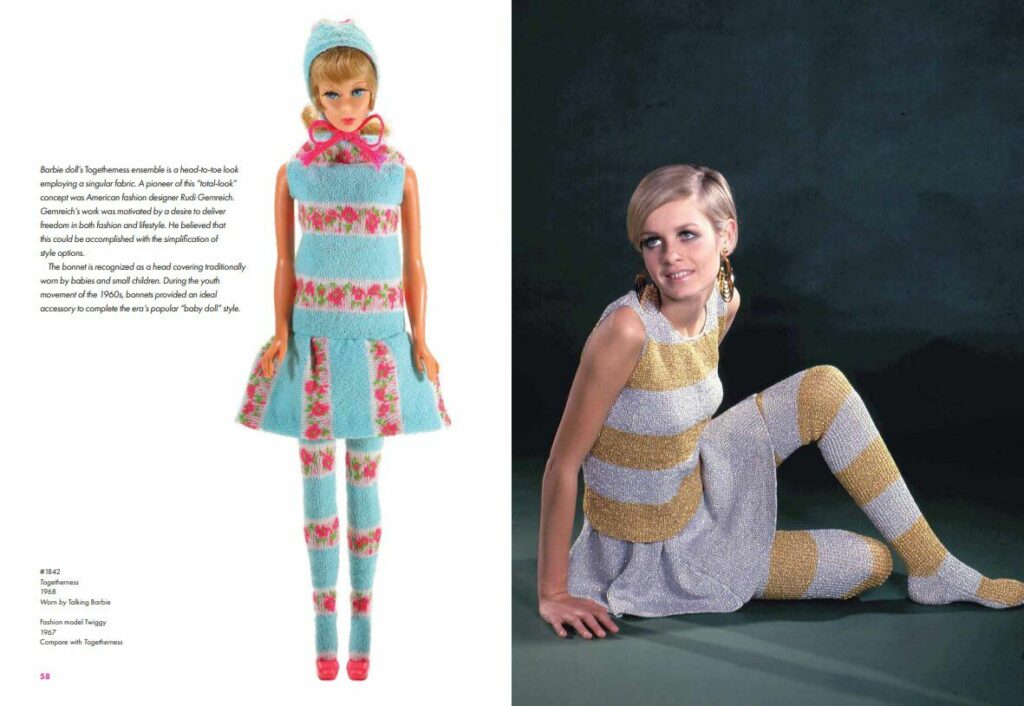 Fashion model Twiggy, 1967, compared with Talking Barbie, 1968 outfit from Karan Feeder book Barbie Takes the Catwalk/Photo: Karan Feeder